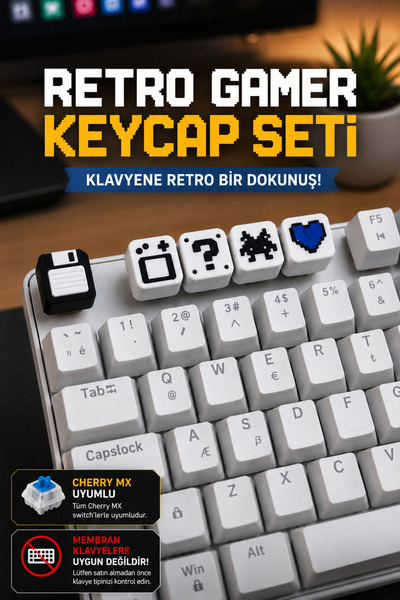 Makerpax Retro Gamer Keycaps 5'li Keycaps Set – Cherry MX Uyumlu Mekanik Klav...