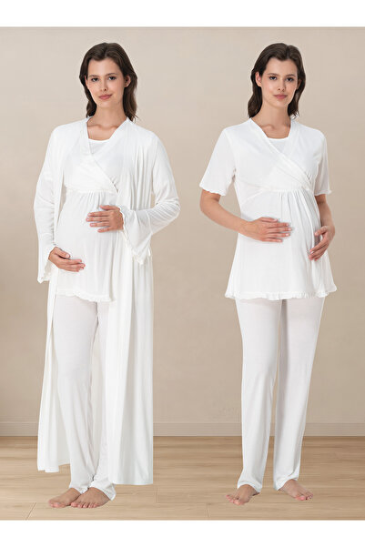 ByLohusa Soft Textured Cotton Maternity Pajama Set with Robe Effortt - Ecru