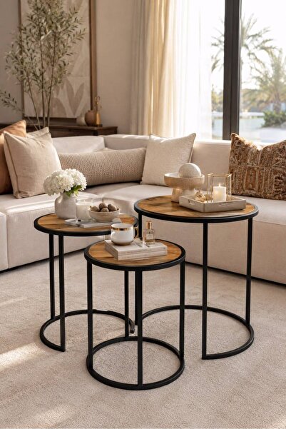 Generic Set of Round Nesting Tables Black Metal Frame with Brown Wood Top for...