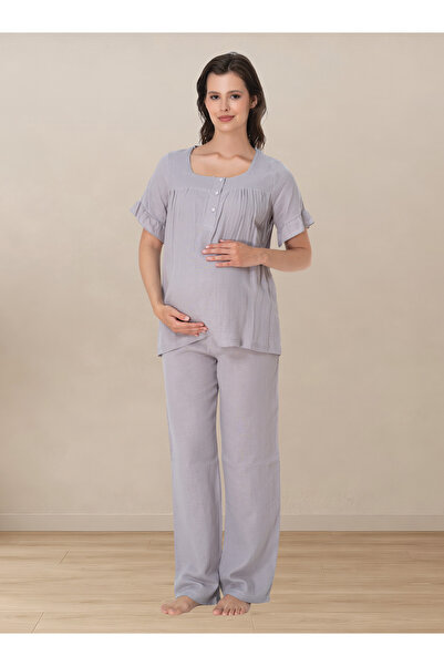 ByLohusa Soft Textured Muslin Fabric Maternity Set Effortt - Gray