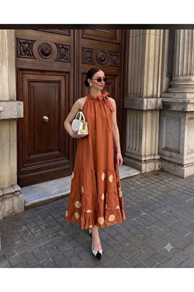 yusracollectionn Women's Halter Neck Polka Dot Detailed Linen Look Flounce Ma...