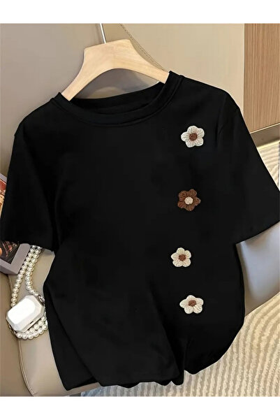 1001 Line Women's T-Shirt Solid Color Crew Neck Black Top, White & Brown Prin...