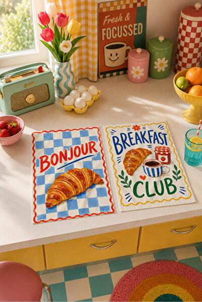 milroma Bonjour Breakfast Club Croissant Breakfast Patterned Blue Modern Retr...