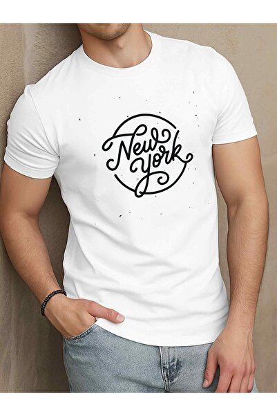 STITCHLY تي شيرت رجالي بتصميم NYC، 100% قطن، 180 جرام/م2، أبيض مع طباعة مستوح...
