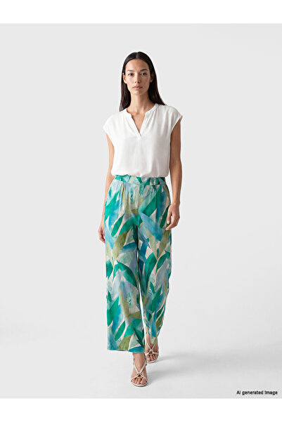 LC Waikiki Green Patterned Women's Trousers with Elastic Waist