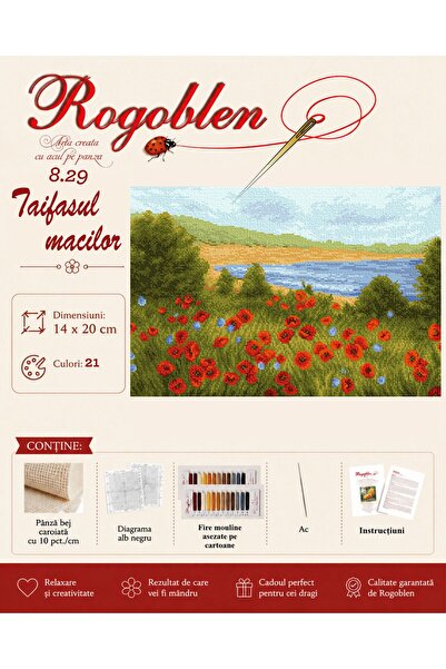 Rogoblen Kit de cusut Taifasul macilor - set goblen cu pânză, diagrame alb-ne...