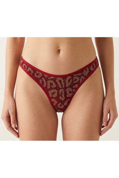 Kadın Kırmızı Leopar Taş İşlemeli String Fantezi Tanga