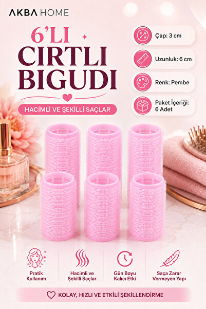 AKBA HOME 6’lı Cırtlı Bigudi Çap 3 cm Yapışkanlı Saç Bigudisi Isısız Saç Şeki...