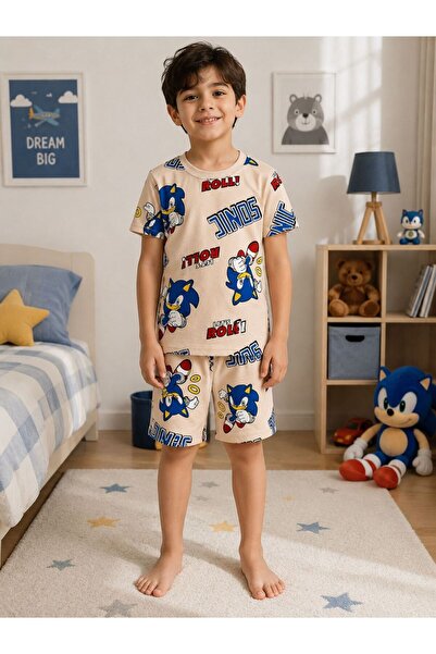 tusem butik homewear Boy's Cotton Beige Color Sonic Patterned Short Sleeve Su...