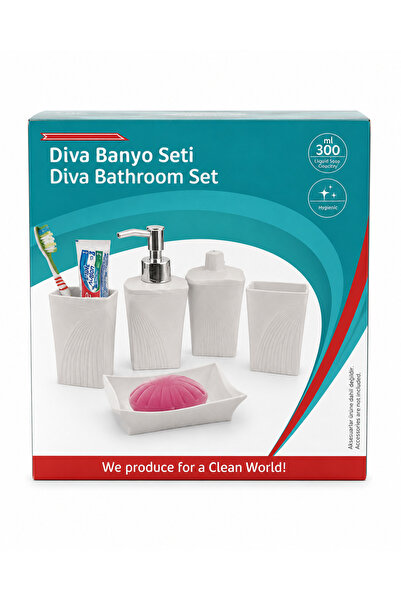 diva 4 parça banyo seti sıvı sabunluk diş fırçalık pamukluk sabunluk