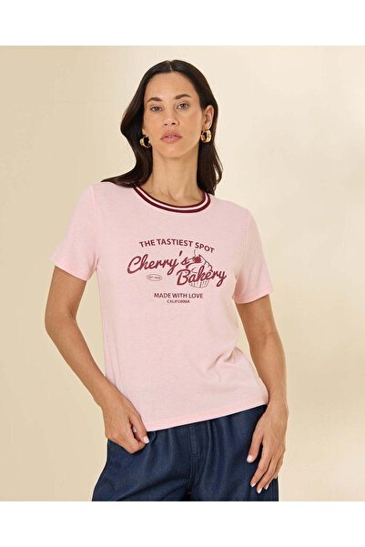 REDTAG Women Pink Printed Rib Neck T-Shirt