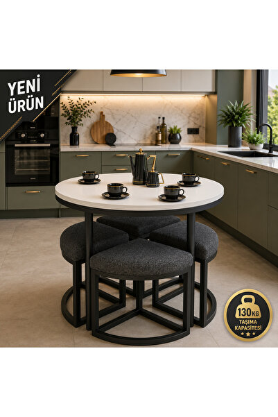 EDMONDA EV AKSESUAR ALARA 90 CM ÇAP SİYAH METAL YUVARLAK YEMEK MASASI TAKIMI ...