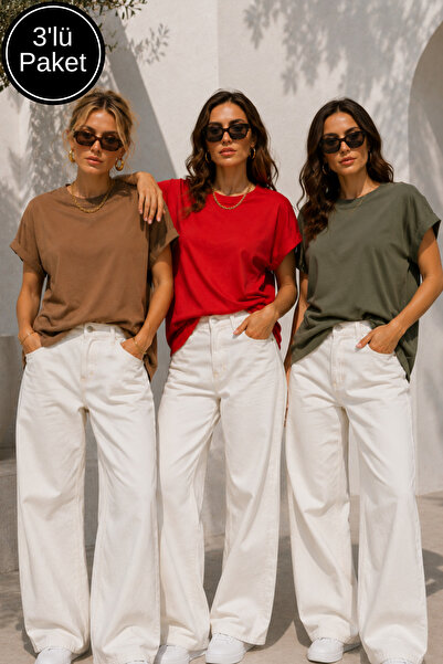 Rich Women's 3-Pack Brown-Red-Khaki Cotton Double Sleeve Detailed Comfortable...