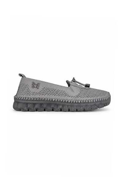 Ekonomik Ayakkabı Gray Genuine Leather Women's Sports Ballerinas with Gel Sol...