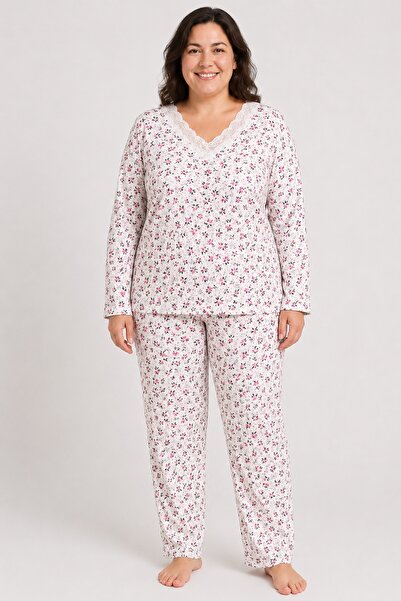 CottonVia Mother's Pajama Set, Lace V-Neck, Long Sleeves, 100% Cotton, Red & ...