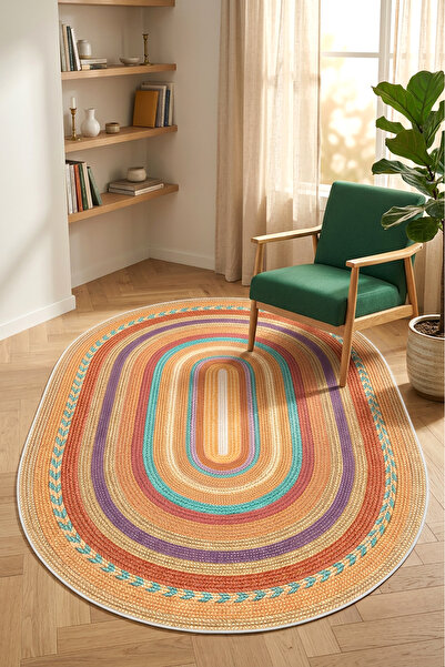 Decomia Home Dijital Kaymaz Yıkanabilir Renkli Jüt Oval Kesim Salon Halısı Ço...