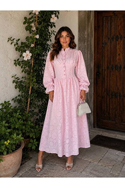 D'RECCY Women's Elegant Dress with Ruched Sleeves, Belt at the Waist, Long Fl...