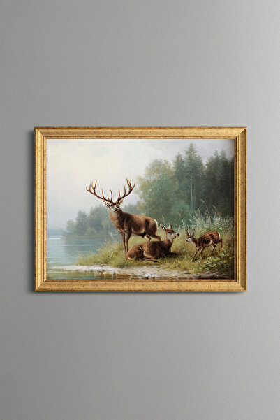 epiqart Deer by the Lake - Vintage Patterned Painting - Fine Model