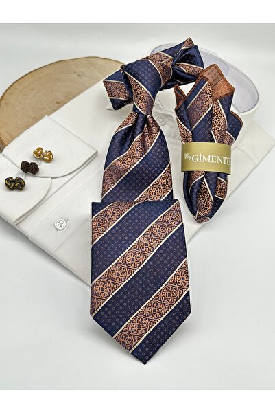 Gutiero Navy Blue and Brown Striped Classic Tie with Handkerchief