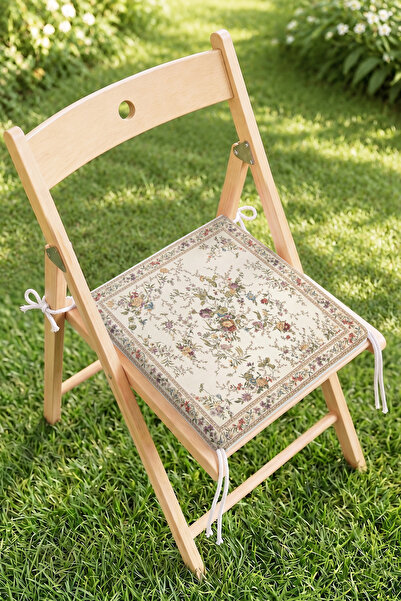 Home Vintage Çiçekli Krem Desenli Fermuarlı Sandalye Minderi - Bahçe ve Mutfa...