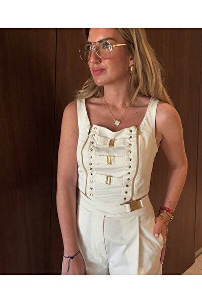 KAREN Gold Tokalı Crop Bluz & Yüksek Bel Pantolon Beyaz Takım