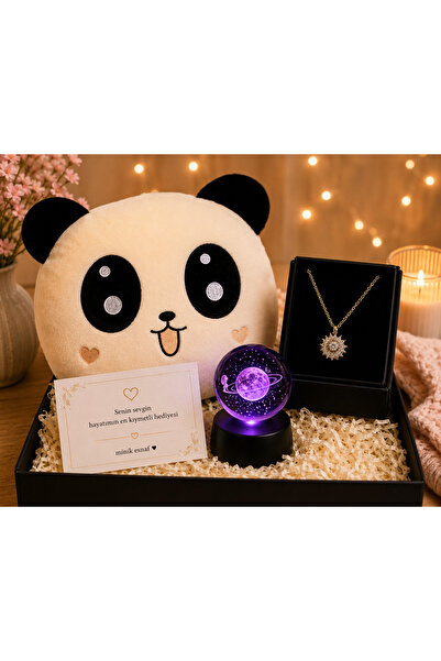 Minik Esnaf Sevgiliye Romantik Hediye Seti | Panda Peluş Yastık, 3D Satürn Kr...