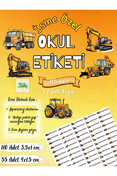 TOZLU RAF 165 Adet Kişiye Özel İş Makinaları Temalı Okul Etiketi