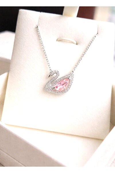 Umrece Silver Swan Model Pink Stone Steel Necklace