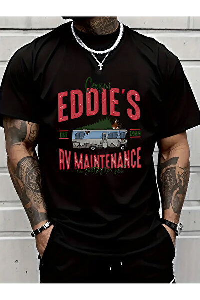BASEPULSE تي شيرت Eddie'S RV Maintenance Pattern Print برقبة دائرية وأكمام قص...