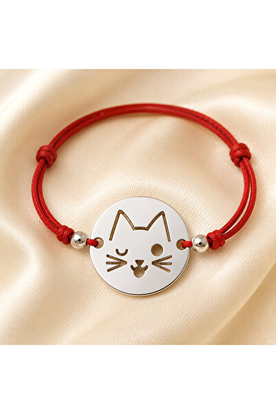 Simoshop Bratara cu Pisica din Argint 925 pe Snur Rosu Reglabil in Cutie Cado...