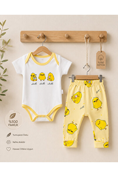 casa nexa 100% Cotton 2 Piece Baby Set Yellow Chick Patterned Bodysuit and Pa...