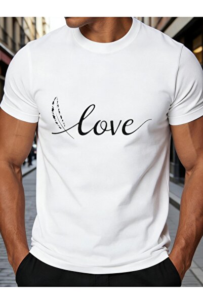 1001 Line Romantic Script Love Feather Design Men's T-Shirt with Elegant Typo...