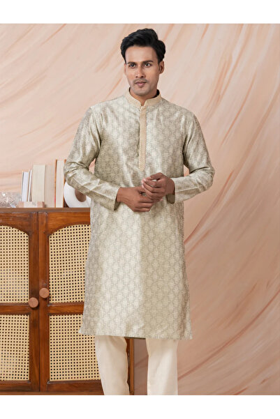 Devoiler Mens Beige Self Design Jacquard Silk Kurta Set