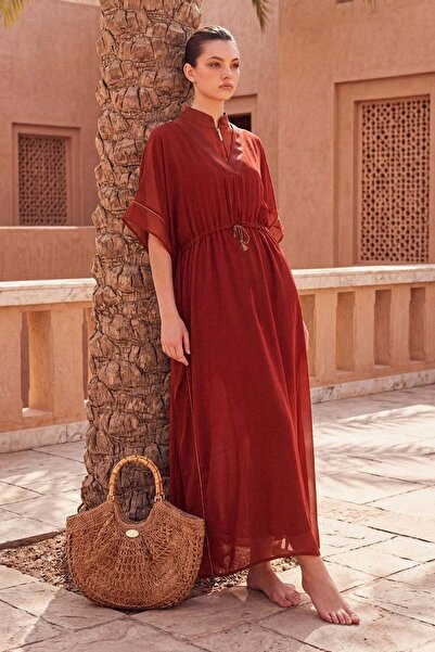 Haşema Tassel Detailed Brick Color Long Pareo 1002