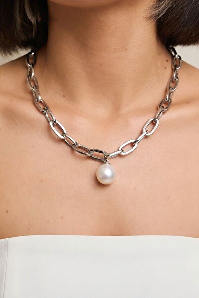 RMY MODA Women's Silver Wide Chain Pearl Bulk Necklace
