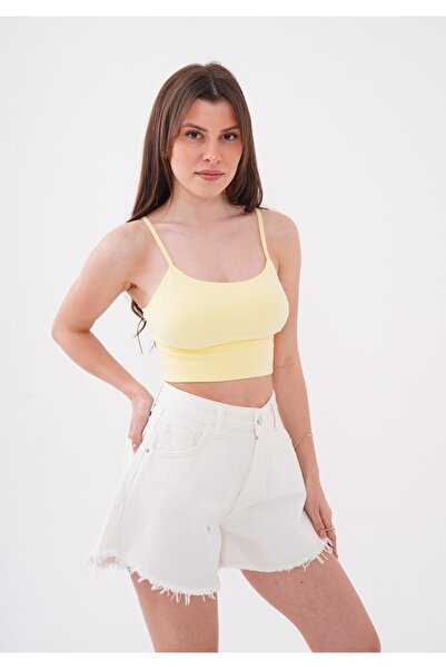 Noravelle Kadın Sporcu Ayarlanabilir Fitilli Esnek Crop Büstiyer - Limon Sarısı