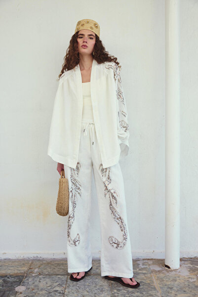 Touché Privé Stone Embroidered Linen Pants