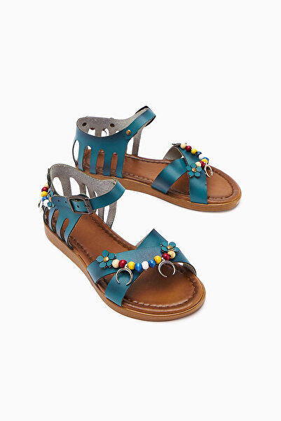 RoseVeno Women's Blue Beaded Leather Powder Casual Sandals
