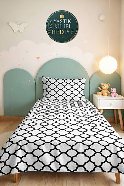 Evimde Bambaşka Black and White Geometric Modern Single Pique Set - Minimal Q...