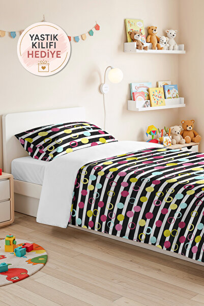 Evimde Bambaşka Black Geometric Polka Dot Teen Room Single Pique Set - Pink Y...