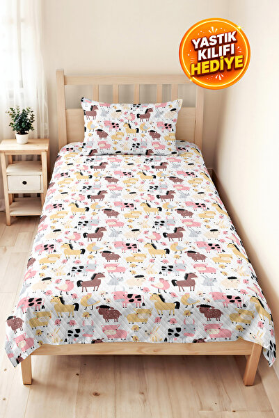 Evimde Bambaşka Farm Animals Pastel Kids' Room Single Pique Set-Cute Patterne...