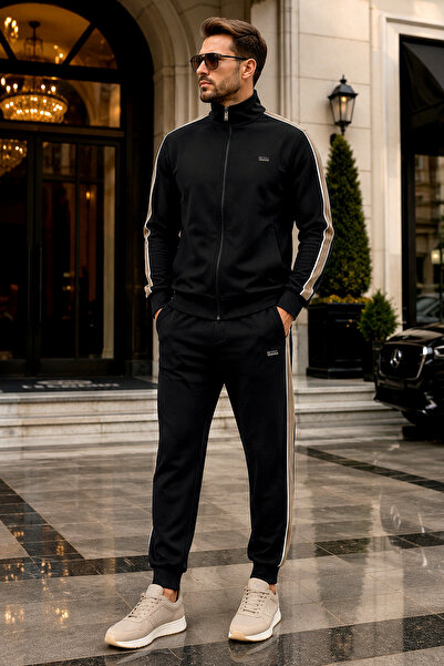 BESSA Black Stand Collar Striped Tracksuit Set with Zipper Pockets, Elastic C...