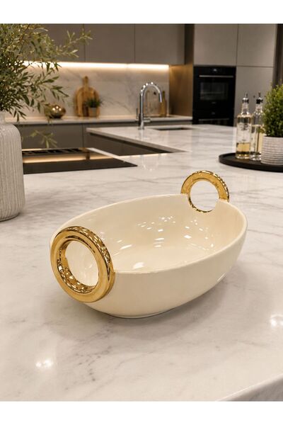 AROW Decorative Oval Porcelain Presentation Bowl Cream-30/21 cm Tkebt Cream