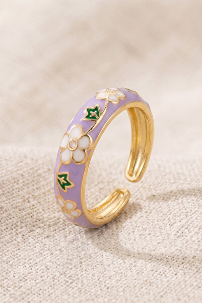 AURRARİ Gold White Flower Purple Enamel Colorful Adjustable Steel Ring