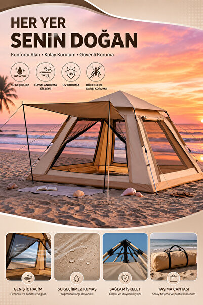 SAYARMARKT Büyük Aile Kamp Çadırı 240x240x160 cm Gölgelikli 6 Kişilik Outdoor...