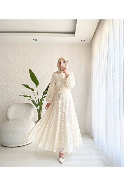 Mava Lady Ekru Dantel Detaylı Kuşaklı Uzun Kollu Tesettür Elbise