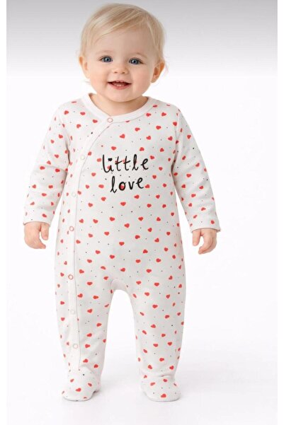 aykidsclup Baby Romper White Heart "Little Love" Printed Snap Fastener Long S...