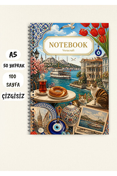 VORACRAFT İstanbul Temalı Not Defteri 50 Yaprak /100 Sayfa, A5 / Tel Spiral C...