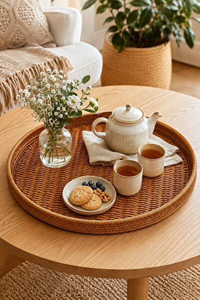 welcomein Rattan Yuvarlak Tepsi 60 x 4 cm Dekoratif Hasır Sunum Tepsisi Sehpa...