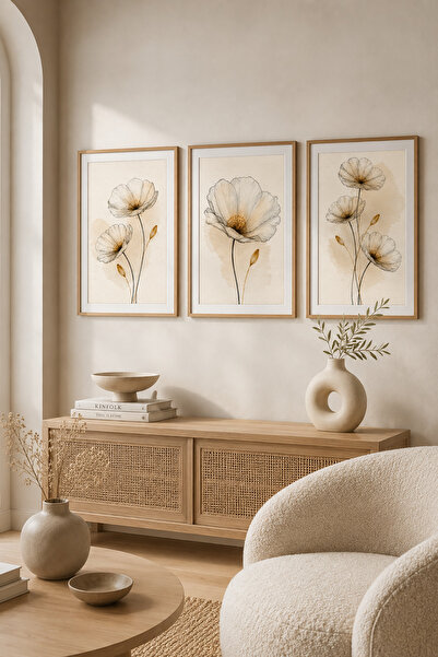 ARTI HOME Çiçek Temalı 3’lü Ahşap Dekoratif Tablo Seti – Minimalist Botanik D...